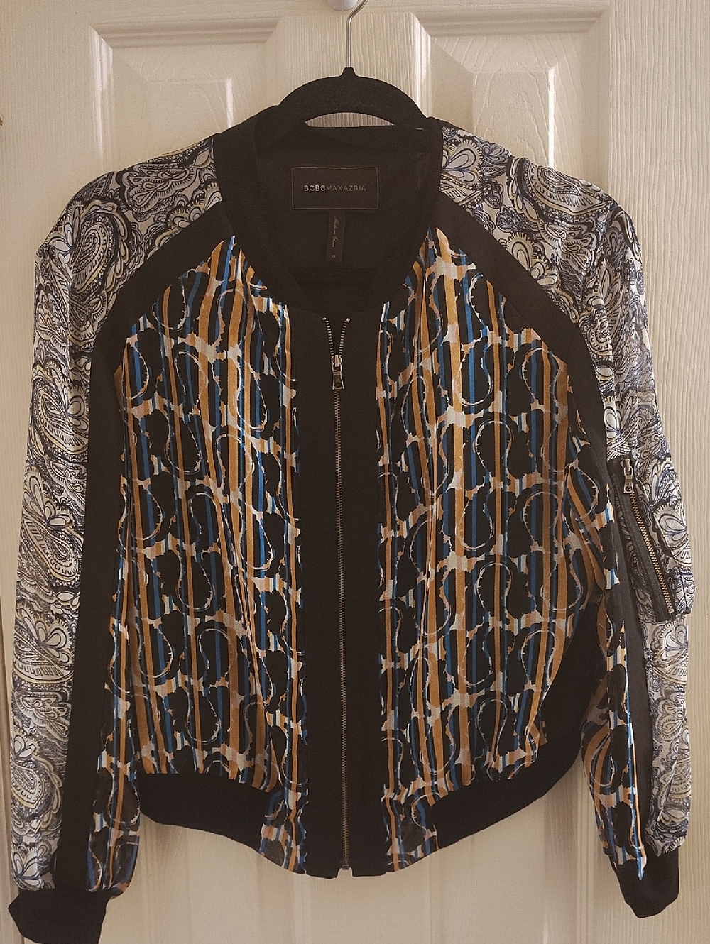 BCBGMaxAzria Blue, Black & Tan Printed Bomber Jacket